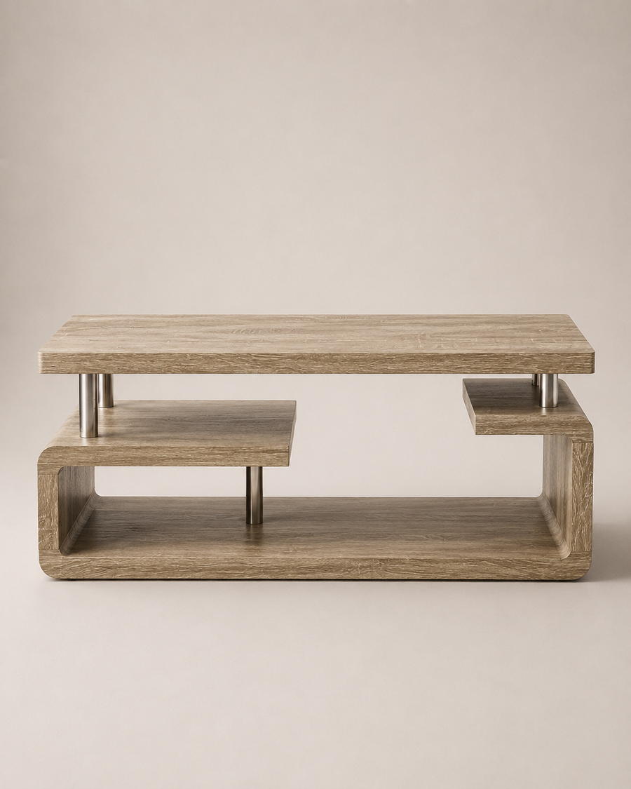 A modern two-tier wooden coffee table with a light oak finish and brushed steel legs, shown against a neutral beige background.