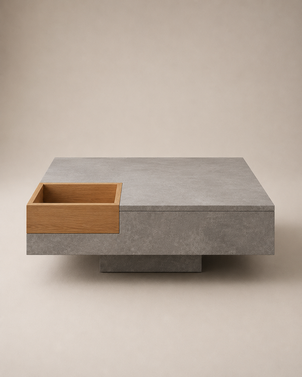 A modern floating coffee table made of textured gray concrete with a recessed light oak wood drawer on the left side, set against a warm beige studio background.