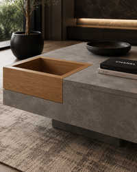 A modern floating coffee table with a textured gray stone-look top and a recessed wooden side compartment, styled in a minimalist living room with a potted plant and books.
