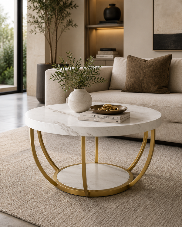 A modern round coffee table with a white marble top and base, supported by a curved gold metal frame, styled in a contemporary living room setting.