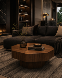 A modern living room scene featuring a dark charcoal sectional sofa with textured throw pillows, a low octagonal wooden coffee table, and a gray patterned rug in a dimly lit, stylish interior.