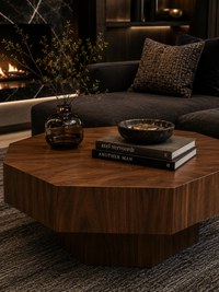 A dark wood octagonal coffee table in a modern living room setting, styled with a glass vase, a stack of books, and a small bowl on top.